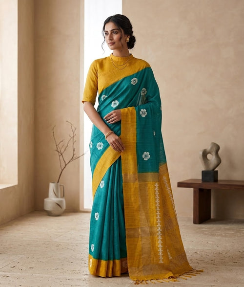 Basantika Green Yellow Gheecha Silk Saree