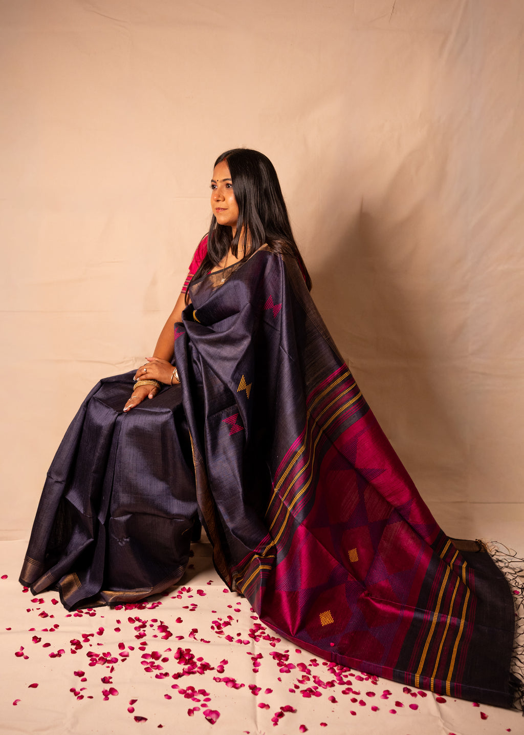 Shyama Dark Blue & Purple Tussar Gheecha Silk Saree