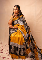 Kanak Yellow & Black Gheecha Silk Saree