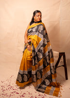 Kanak Yellow & Black Gheecha Silk Saree