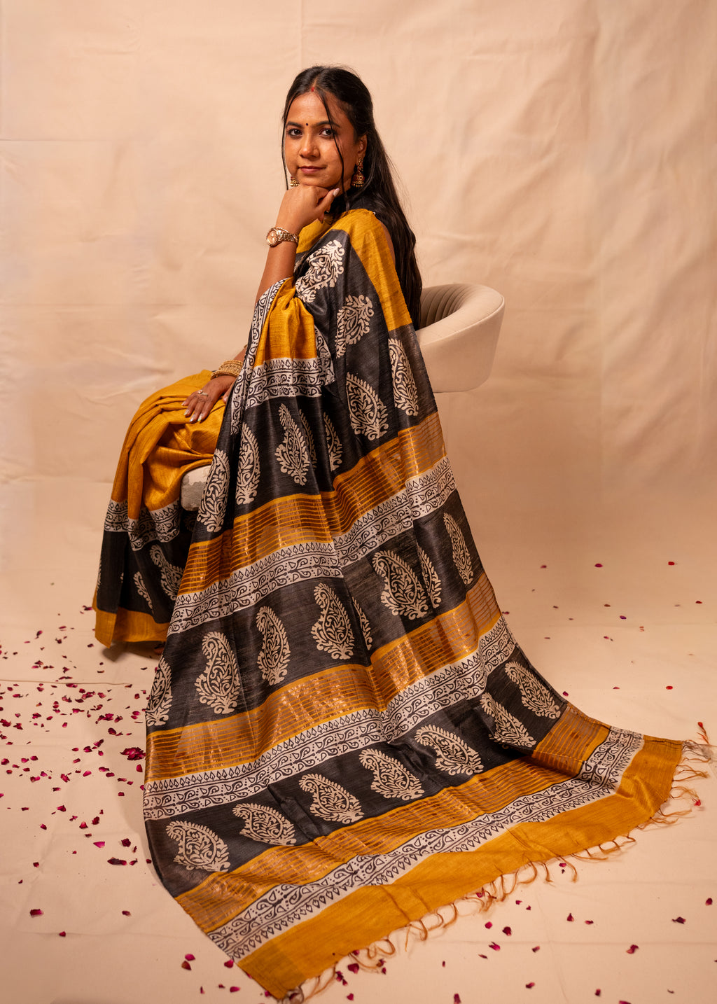 Kanak Yellow & Black Gheecha Silk Saree