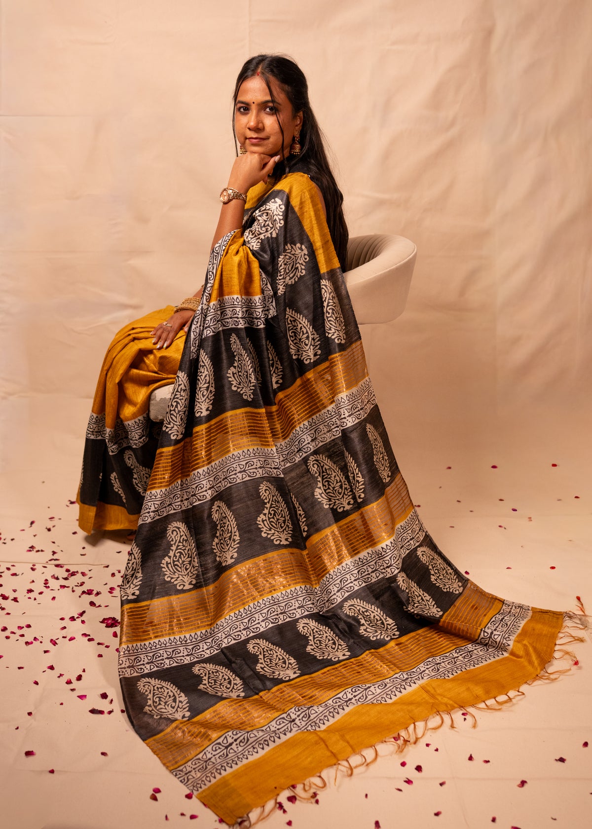 Kanak Yellow & Black Gheecha Silk Saree