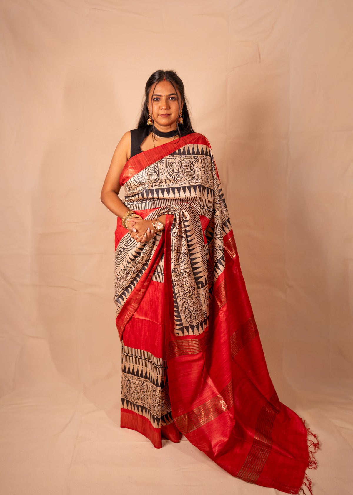 Lohita Red & Black Gheecha Silk Saree