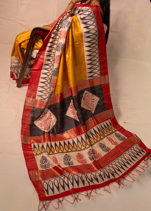 Abhira Yellow, Black & Red Gheecha Silk Saree