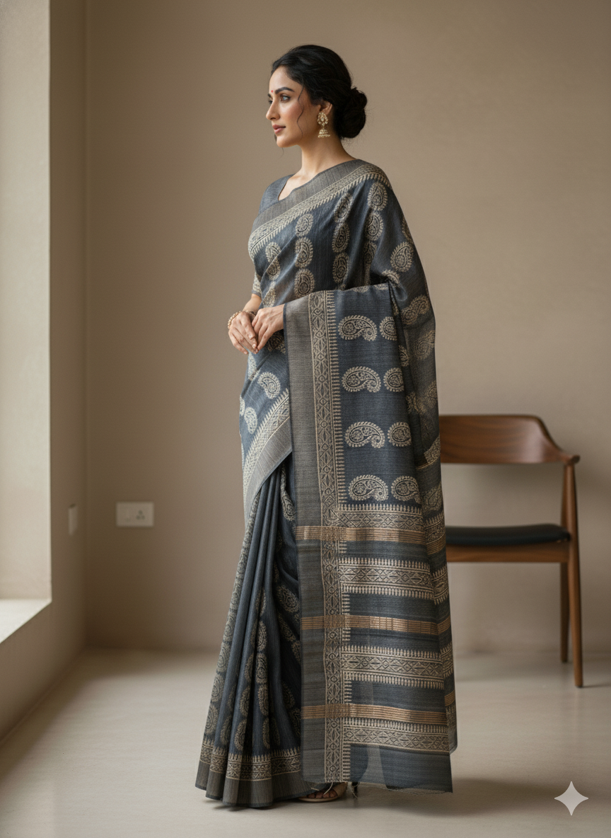 Sanjh Grey Pure Gheecha Silk Saree