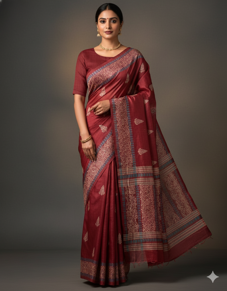 Kumkum Red Pure Tussar Silk Saree