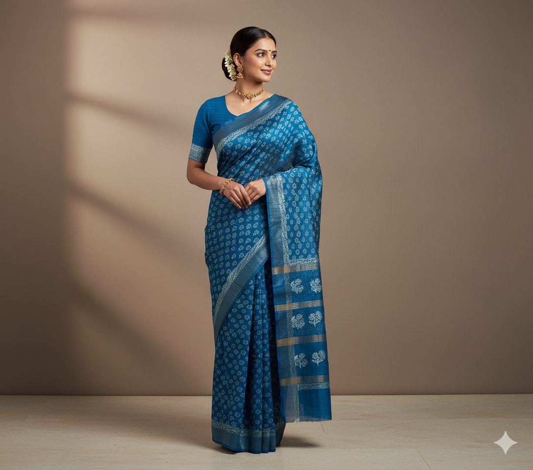 Neeltara Sea Blue Gheecha Silk Saree