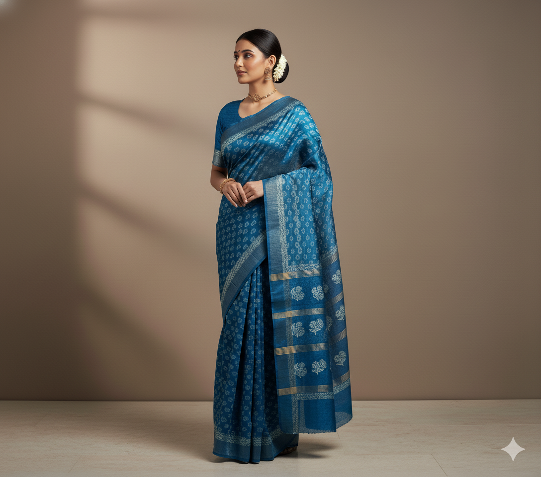 Neeltara Sea Blue Gheecha Silk Saree