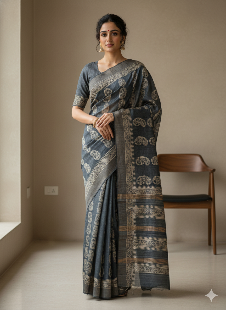 Sanjh Grey Pure Gheecha Silk Saree