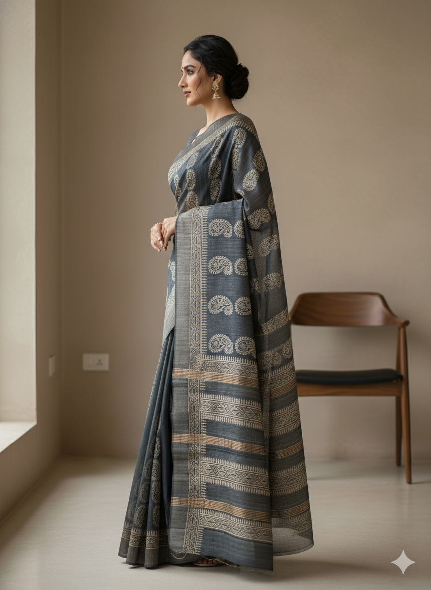 Sanjh Grey Pure Gheecha Silk Saree