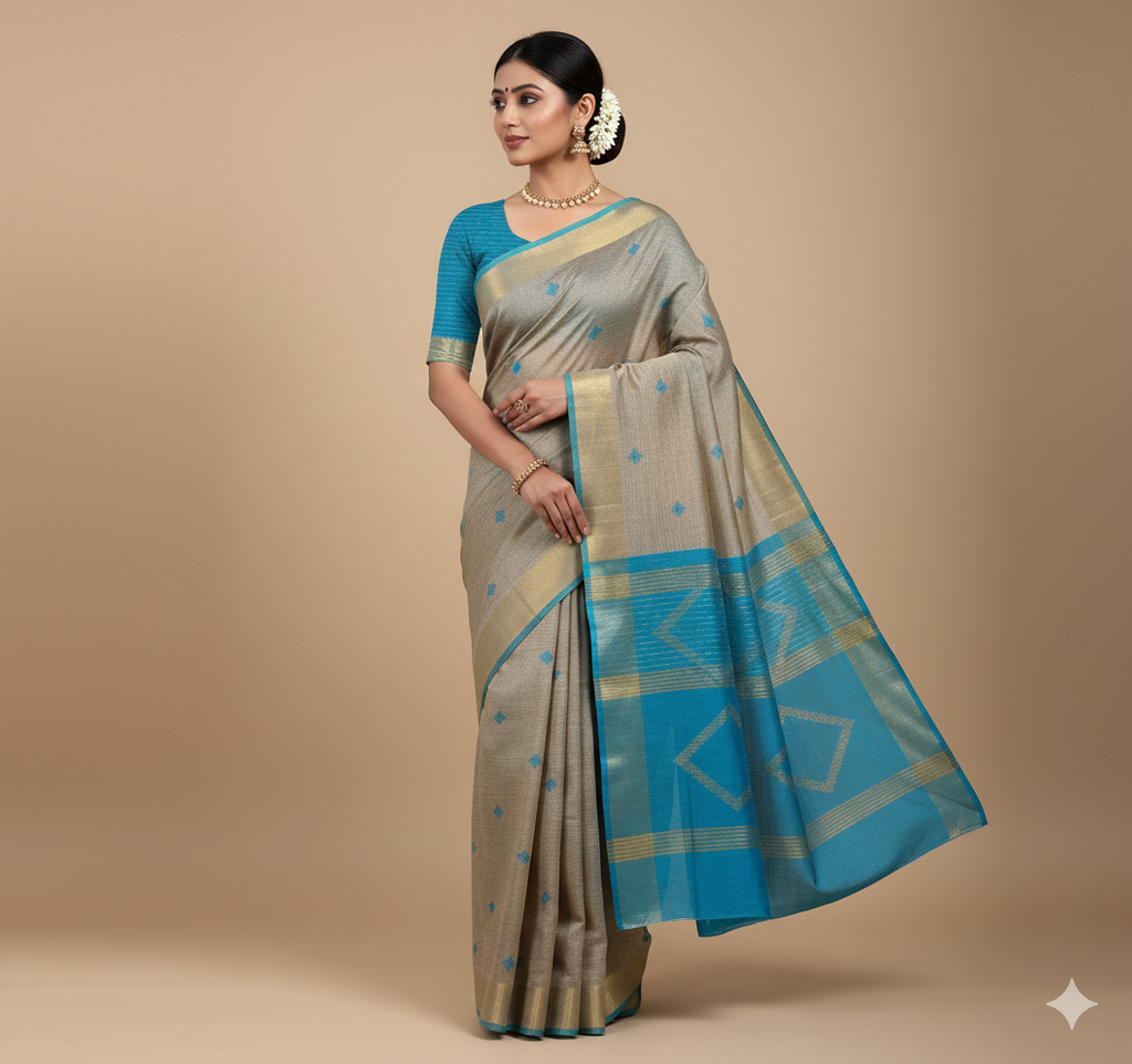 Neelshail Grey Teal Gheecha Silk Saree