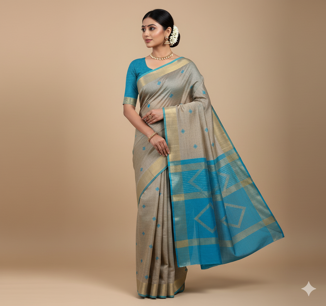 Neelshail Grey Teal Gheecha Silk Saree