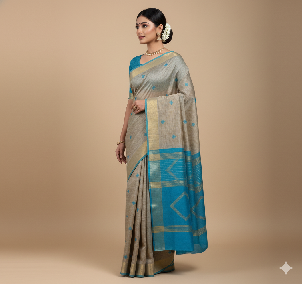 Neelshail Grey Teal Gheecha Silk Saree
