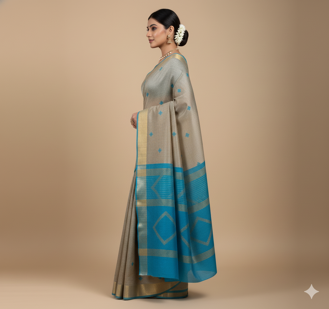 Neelshail Grey Teal Gheecha Silk Saree
