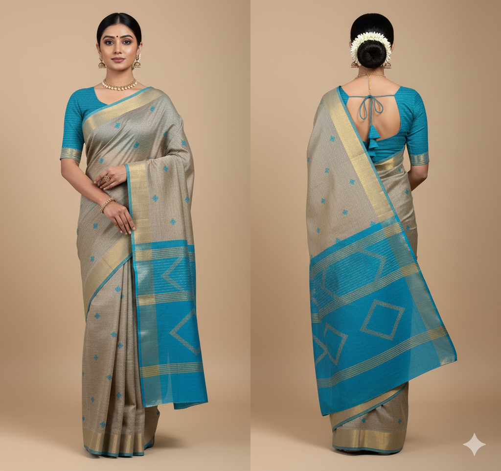 Neelshail Grey Teal Gheecha Silk Saree