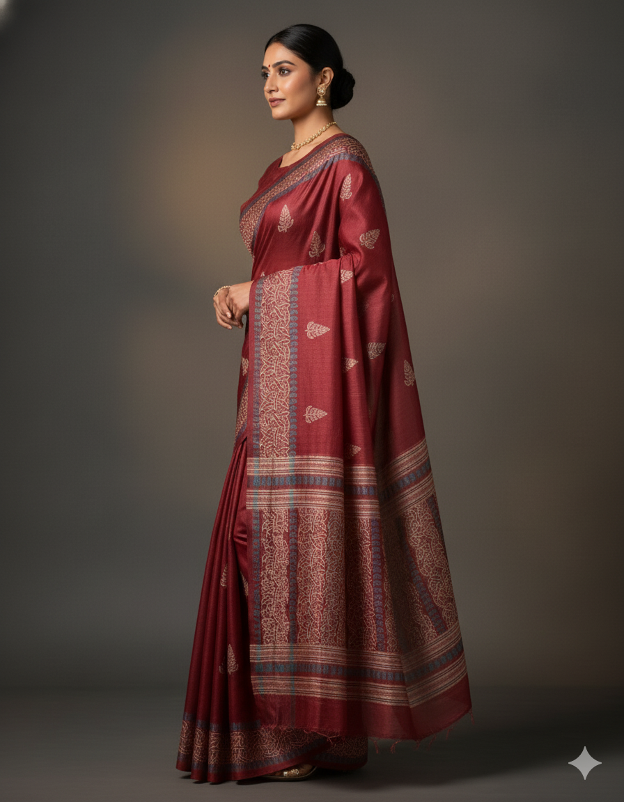 Kumkum Red Pure Tussar Silk Saree