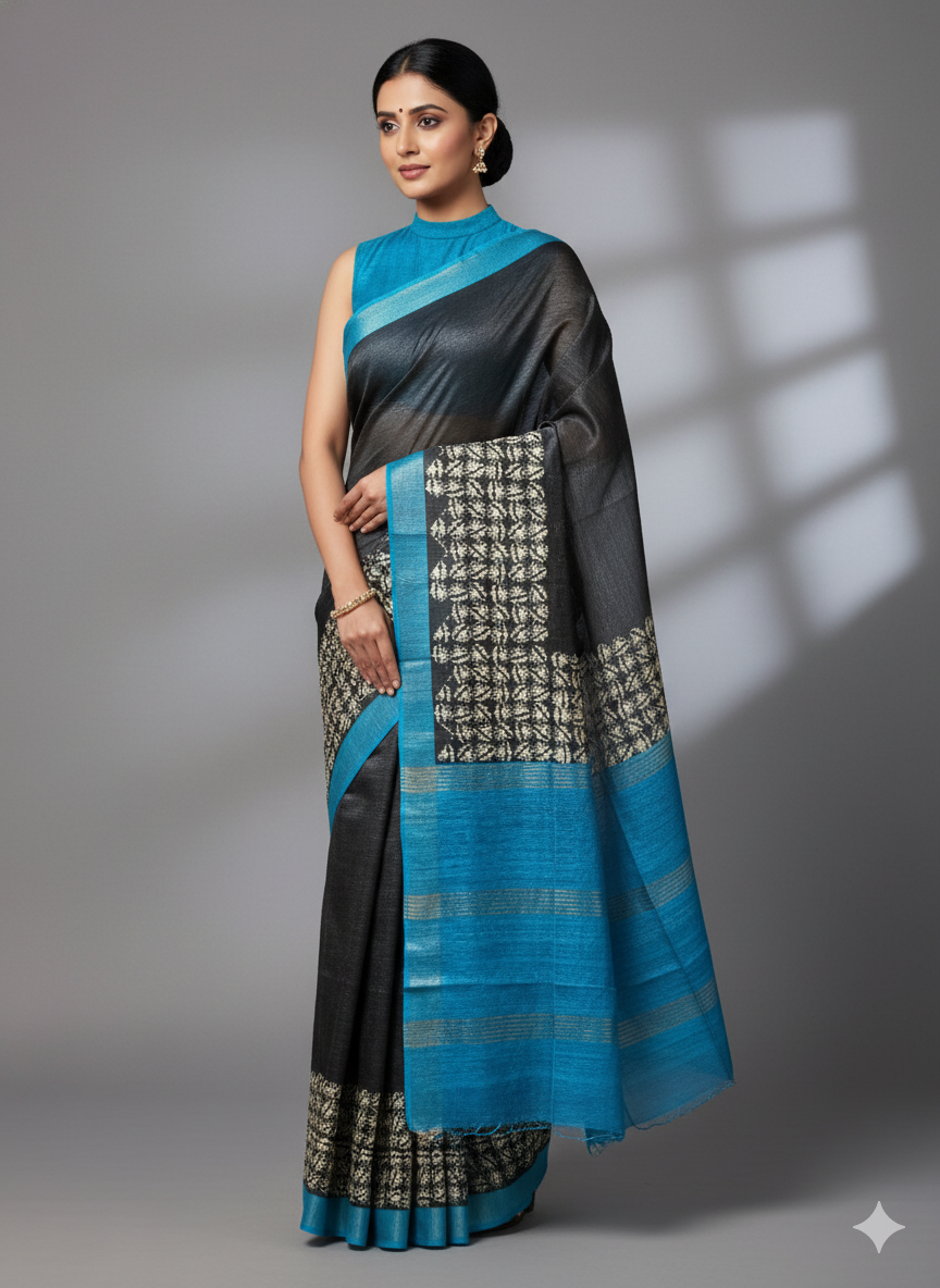 Nilgiri Blue Black Gheecha Silk Saree