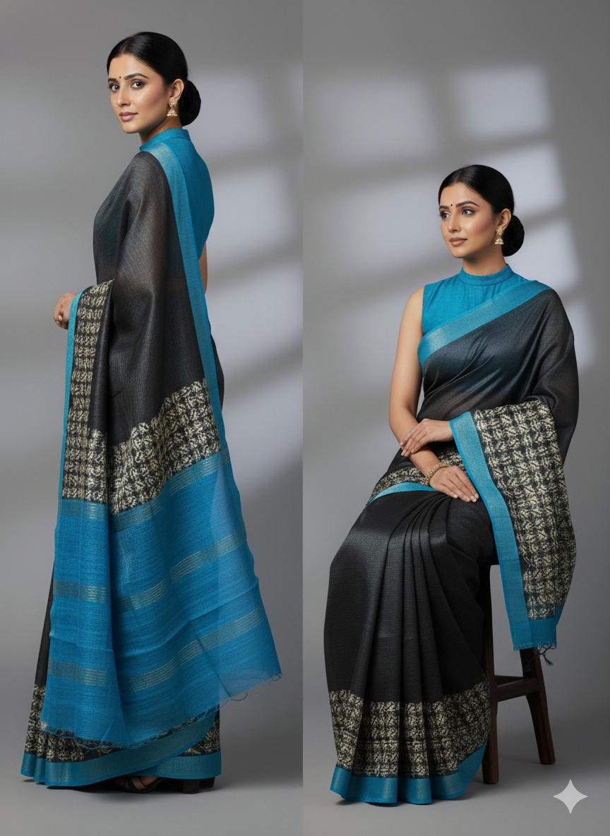 Nilgiri Blue Black Gheecha Silk Saree